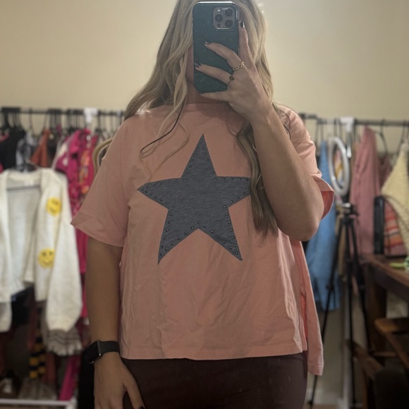 Tops - Pink T-Shirt with Blue Star & Stud Design